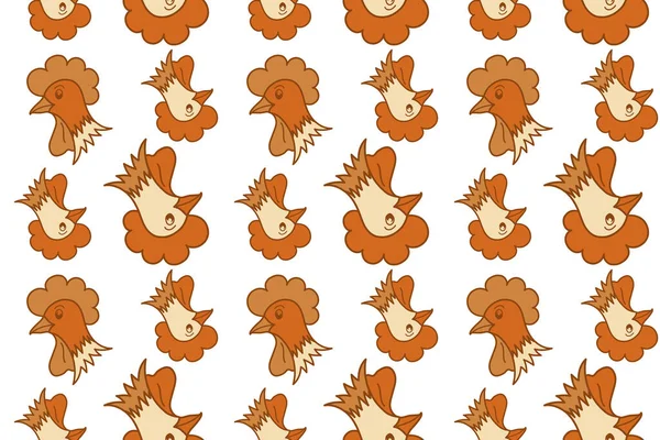 Seamless pattern of stylized rooster, hen, cock, chicken with hole and spots on colored background. Hand drawn. Colorfil seamless cock and hen background.