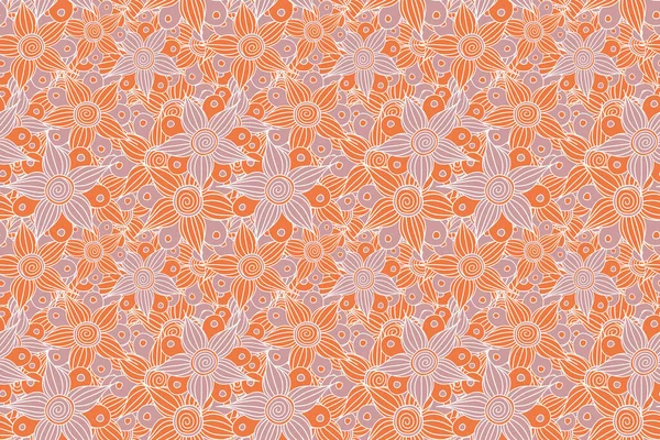 Hand drawn. Seamless floral background. Seamless pattern of stylized floral motif, flowers, hole, spots, doodles in orange colors.