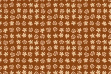 Kusursuz çiçek arkaplanı. El çizimi. Şekillendirilmiş çiçek motifinin kusursuz deseni, çiçekler, delik, noktalar, kahverengi arka plandaki karalamalar.