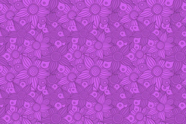 Seamless pattern of stylized floral motif, flowers, hole, spots, doodles in violet colors. Seamless floral background. Hand drawn.