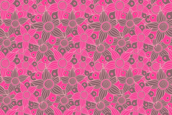 Seamless pattern of stylized floral motif, flowers, hole, spots, doodles in magenta colors. Hand drawn. Seamless floral background.