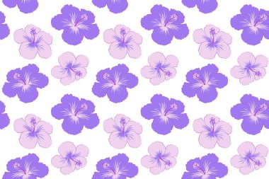 Beyaz arkaplanda mor renklerde amber çiçeği olan kusursuz bir tropikal tasarım. Kompozisyonda egzotik çiçekler. Yaz modası, iç mekan, duvar kağıdı deseni.