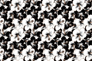 Siyah ve beyaz tropikal çiçeklerle kusursuz egzotik desen. Açan orman, kusursuz amber deseni. Motley illüstrasyonu.