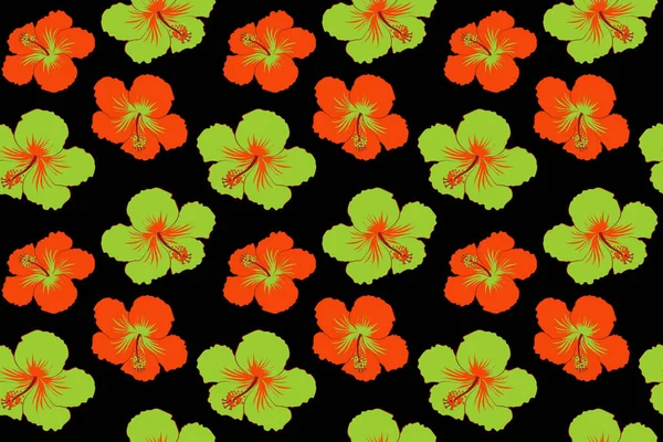 Бесшовный Рисунок Зеленых Оранжевых Тропических Цветов Гибискус Густые Джунгли Ручная — стоковое фото