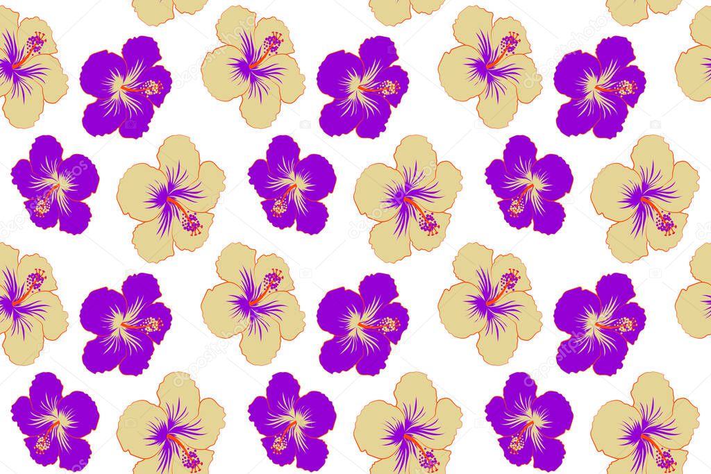 Hand drawn painting of beige and purple hibiscus flowers, seamless pattern on white background.