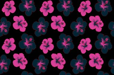 Moda tarzında siyah arkaplanda mavi ve morumsu amber çiçeği. Hawaii tropikal doğal çiçeksiz desen.