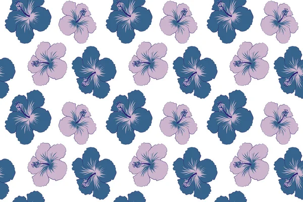 Seamless pattern of blue and violet tropical flowers, hibiscus, dense jungle. Hand painted. Pattern with tropic summertime motif may be used as texture, wrapping paper or textile design.