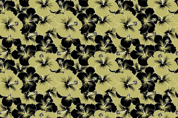 Design Tropicale Senza Cuciture Con Ibisco Nei Colori Beige Nero — Foto Stock