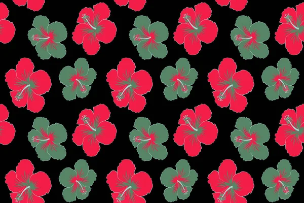Hibisco Flor Sem Costura Padrão Cores Verde Vermelho Fundo Preto — Fotografia de Stock
