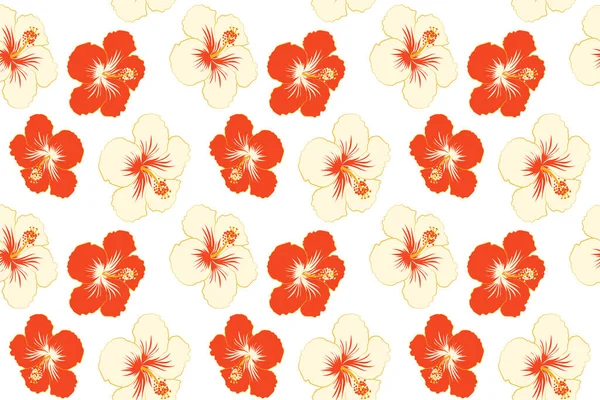 Hibišek Květiny Poupata Retro Bezešvé Ilustrace Béžové Červené Barvy Bílém — Stock fotografie