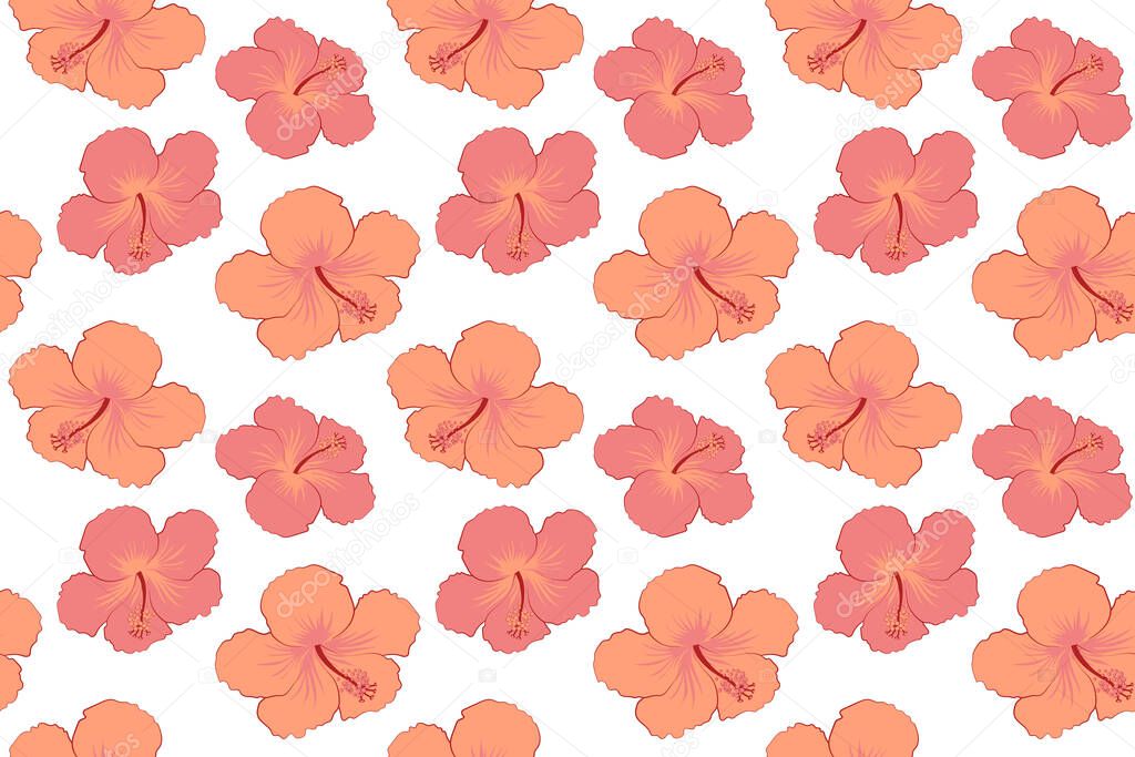 Hand drawn painting of hibiscus flowers in red colors. Seamless pattern on white background.