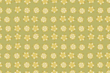 Suluboya efektli çiçek arkaplanı. Yatak çarşafları, ceket, paket tasarımı, kumaş ve moda kavramları için tekstil baskısı. Kusursuz desenli çiçekler ve yapraklar bej, sarı ve yeşil renklerde.