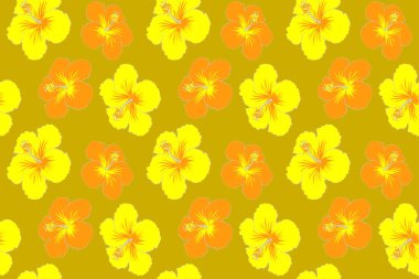 Çok renkli çiçek desenli tropikal bir çiçek deseni. Sarı arka planda çiçek..