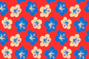 Kırmızı arkaplanda Hibiscus çiçeğinin kusursuz deseni.