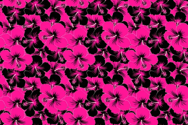 Seamless floral pattern with black and magenta hibiscus flowers, watercolor. Flower illustration. Seamless pattern with floral motif.