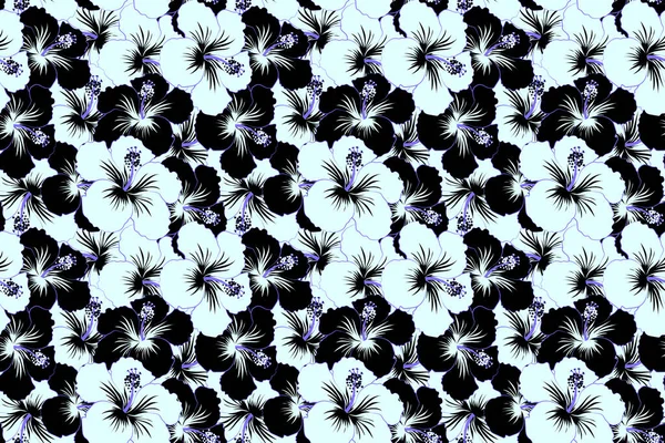 Bosquejo Muchas Flores Negras Azules Ilustración Flores Sin Costura Dibujada — Foto de Stock