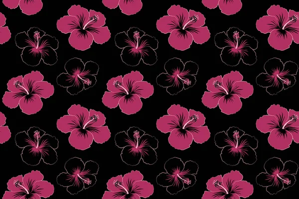 Hibiscus floral pattern. Floral seamless pattern with hibiscus flowers, watercolor hand drawing style on black background. Design in pink and purple colors for invitation, wedding or greeting cards.