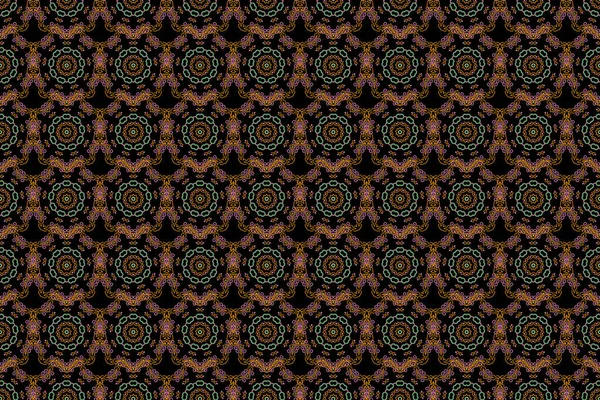 Ikat damask seamless pattern background tile. In green and yellow colors on a black background.