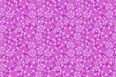 Arabesk. Kesişen kıvrımlı zarif stilize yapraklar ve parşömenler soyut bir çiçek süsü oluşturuyorlar. Mor, mor ve pembe renklerde klasik soyut çiçek deseni.