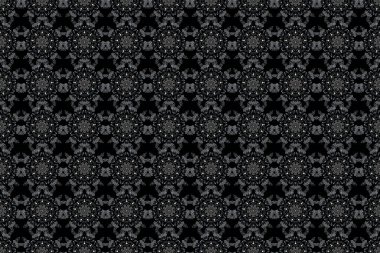 Sorunlu damasküler desensiz arka plan fayansları. Siyah bir arkaplanda gri renklerde kusursuz süsler..