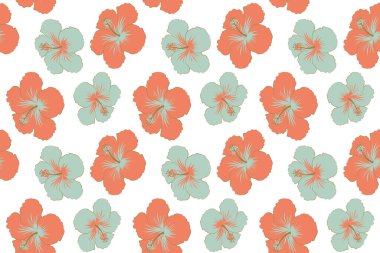 Beyaz arka planda amberçiçeği olan kusursuz tropikal tasarım. Kompozisyonda egzotik çiçekler. Yaz modası için mavi ve pembe desenler, iç mekan, duvar kağıdı.