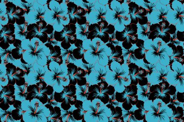 Kusursuz çiçek arkaplanı. Tarzsız çiçek motifleri, çiçekler, delikler, noktalar, karalamalar. Hibiscus çiçekleri siyah ve mavi renklerde. El çizimi.