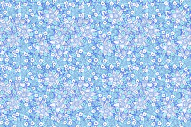Modern Motley çiçek deseni mavi, gri ve beyaz renklerde. Çiçek baskısı. Tekrarlayan Çiçek Deseni.