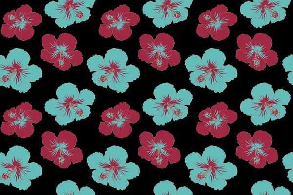 Hand Drawn Painting Hibiscus Flowers Blue Red Colors Seamless Pattern — Stock Photo, Image