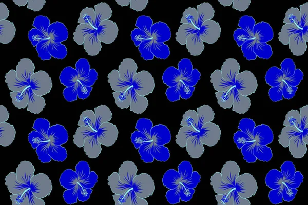 Fiori Ibisco Sfondo Nero Stile Trendy Hawaiian Tropicale Modello Floreale — Foto Stock