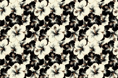 Kusursuz çiçek arkaplanı. El çizimi. Tarzsız çiçek motifleri, çiçekler, delikler, noktalar, karalamalar. Siyah ve bej renkli Hibiscus çiçekleri.