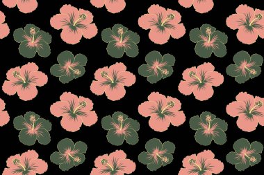 Aloha Hawai gömleği kusursuz desenli. Siyah arkaplanda yeşil ve pembe renkli Hibiscus.