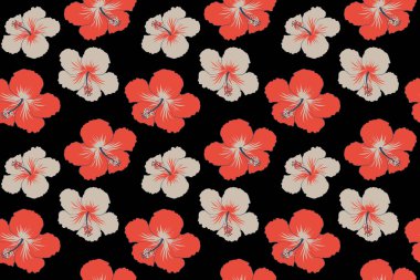 Kırmızı renklerde kusursuz tropikal çiçekler. Siyah arkaplanda hibiscus deseni.