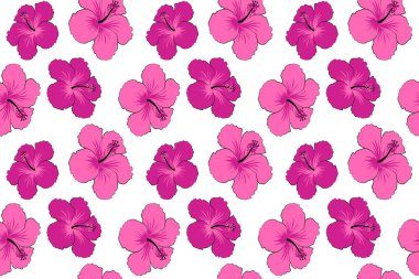 Aloha Hawai gömleği kusursuz desenli. Beyaz arkaplanda mor ve mor renkli hibiscus.