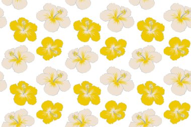 Beyaz arka planda tropikal bitkiler ve çiçek desenli yaz grisi ve sarı Hawaii pürüzsüz deseni.