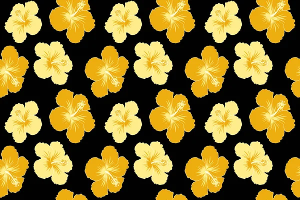 Seamless Tropical Design Hibiscus Black Background Yellow Beige Colors Exotic — Stock Photo, Image