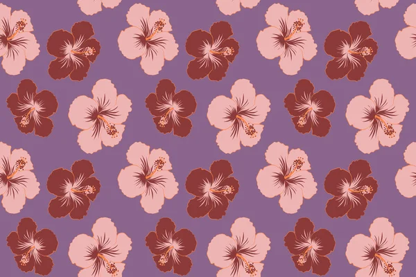 Seamless tropical design with hibiscus on violet background. Exotic flowers in allover composition. Multicolor pattern for summer fashion, interior, wallpaper.
