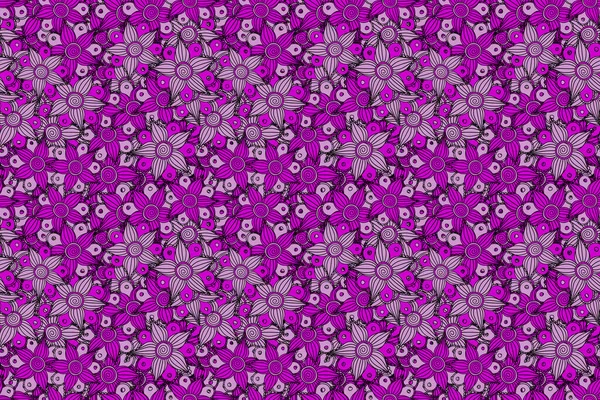 Seamless hand-drawn flower pattern in purple, black and magenta colors.