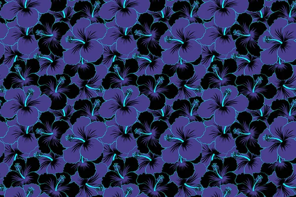 Tropische Blüten Hibiskusblätter Hibiskusknospen Nahtloses Blumenmuster Schwarzen Und Violetten Farben — Stockfoto