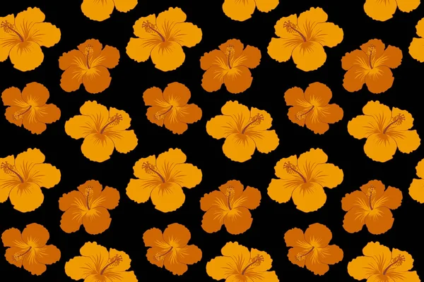 Hibiscus flowers and buds retro seamless pattern illustration in yellow colors on black background.