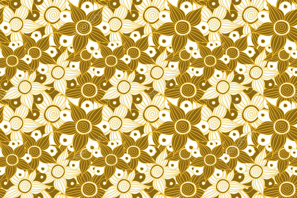 Seamless abstract floral pattern in brown, white and yellow colors. Cute background. Geometric leaf ornament. Graphic modern pattern.