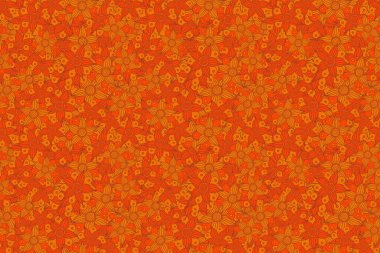 Tropik çiçek ve yaprakların turuncu, kahverengi ve kırmızı renkleriyle kusursuz arkaplan deseni.