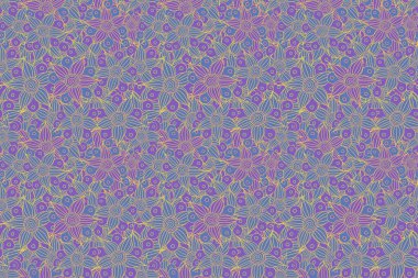 Mor, sarı ve mavi renklerde sevimli çiçeklerle kusursuz desen.