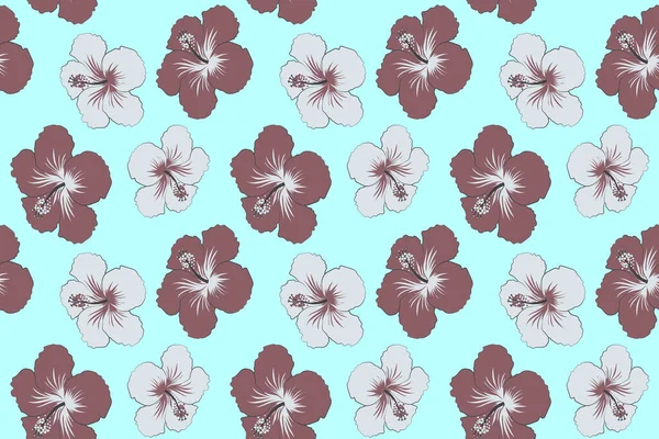 Hibiscus Flowers Buds Retro Seamless Illustration Blue Background — Stock Photo, Image