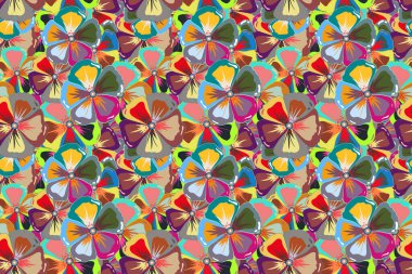 Çiçeksiz desen. Mavi, sarı ve kırmızı renklerde soyut şirin çiçekleri olan bahar kağıdı.