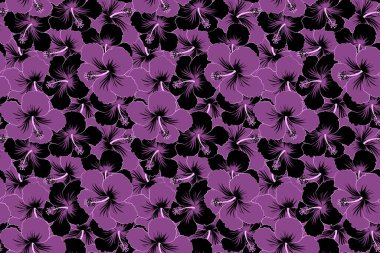 Siyah ve mor renklerde kusursuz tropikal çiçekler. Hibiscus kusursuz desen.