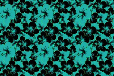 Mavi ve siyah renklerde, şirin çiçekli kusursuz desenler. Çiçek arka planı.