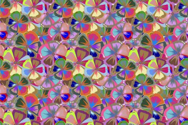 Bej, pembe ve mavi renklerde çiçek motifleri olan soyut zarafet deseni..