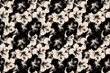 Hibiscus çiçeği siyah ve beyaz renklerde kusursuz desen.
