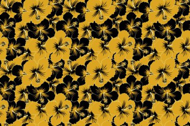 Hibiscus çiçekleri ve tomurcukları retro pürüzsüz desen çizimleri siyah ve sarı renklerde.