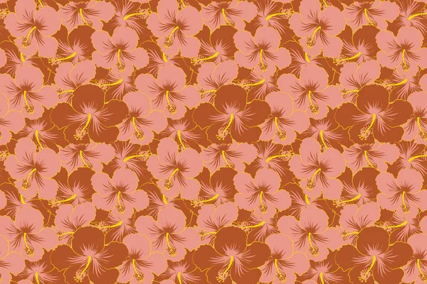 Sketch of many brown and pink flowers. Seamless pattern of brown and pink hibiscus floral background. Hand drawn seamless flower illustration.